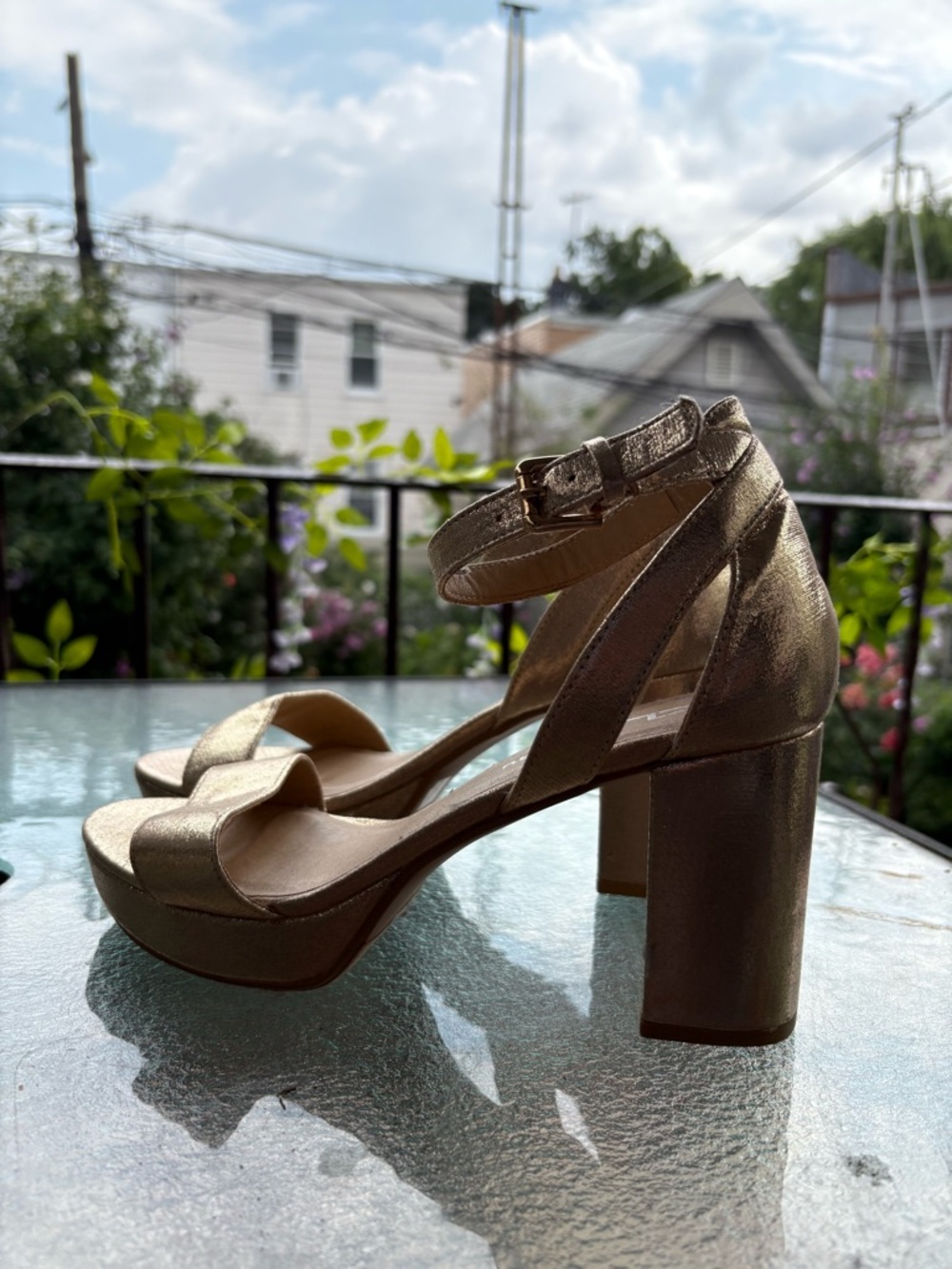CL by Chinese Laundry Metallic Gold Ankle-Strap Block Heels